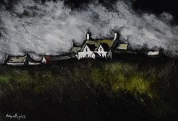 WYN HUGHES oil on panel - dark landscape with white-washed houses, signed, 25 x 37cms