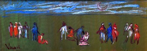 ANDREW VICARI oil on canvas - four groups of figures, entitled 'La Promenade 1', signed, 30 x 80cms