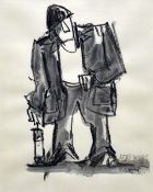 MIKE JONES colourwash - standing miner with his lamp, signed, 30 x 24cms