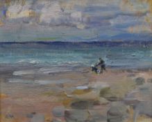 DIANA ARMFIELD oil on card - Welsh beach entitled verso 'Man and Dog on Friog Beach', signed with