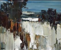 DONALD MCINTYRE oil on board - landscape, entitled verso 'Winter Shapes' with price of 20 guineas,