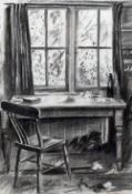DAVID EVANS charcoal on paper - desk and chair by window, entitled verso 'Interior - Dylan Thomas'