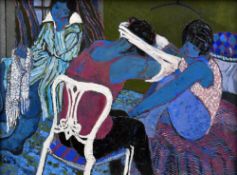 CLAUDIA WILLIAMS oil on board - three female figures dressing, entitled verso 'Bedsitter Morning