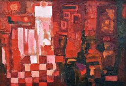 HAZEL TITHERLEY RCA oil on board - semi-abstract entitled verso 'Red Lion' on artist's label and