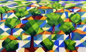 NORMAN FREDERICK CHECKETTS oil on canvas - cubist landscape with trees, 81 x 130cms