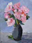 DAVID BARNES oil on canvas - still-life entitled verso 'Roses', signed with initials, 40 x 30cms