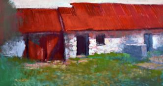 ANEURIN JONES oil on board - old red-roofed barn with whitewashed walls, signed, 45 x 85cms
