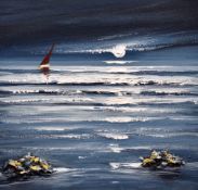 NICK JOHN REES acrylic on canvas - boat at full sail, entitled verso 'Moonlight Low Tide, Barry Isl