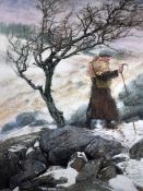 KEITH BOWEN pastel - an iconic Welsh image of a Snowdon shepherd with crook, walking in snow,