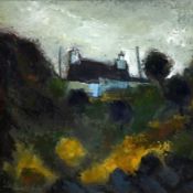 WILF ROBERTS oil on card - cottage, trees and landscape, entitled verso 'Ty Newydd', signed and