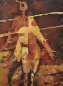 JOHN UZZELL EDWARDS acrylic on paper - athlete at the finishing line, entitled 'The Race', 78 x