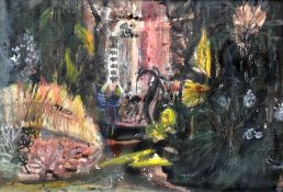 LESLIE MOORE mixed media - Continental botanical garden, signed and dated 1958, 43 x 62cms
