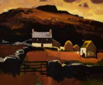 DONALD McINTYRE acrylic - farm in landscape with hay stacks, gate and outer-buildings, signed, 51
