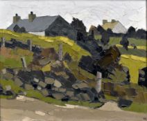 SIR KYFFIN WILLIAMS RA oil on canvas - two houses, stonewalls and landscape with lane, signed with