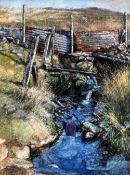 KEITH BOWEN pastel - mountain stream and fence, entitled verso 'Stream Through a Sheep Pen',