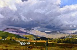 ROB PIERCY oil on canvas - landscape with shepherd, dog and flock, signed, 60 x 91cms