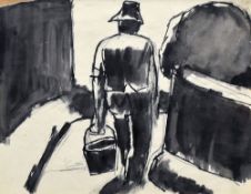 JOSEF HERMAN mixed media - entitled verso 'Farmer with Pail', 17 x 23cms