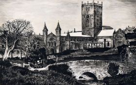 ALUN DAVIES pen and ink-wash - St. David's Cathedral, Pembrokeshire, 45 x 70cms