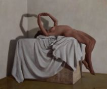 HARRY HOLLAND oil on board - nude reclining and raised upon sheeted block and with hands clasped,