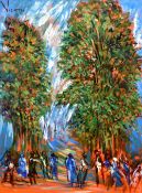 ANDREW VICARI oil on wood panel - crowd of figures beneath two tall trees, entitled 'Enigma of the