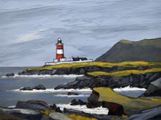 DAVID BARNES oil on board - coastal scene with Ynys Enlli (Bardsey Island) lighthouse, signed verso,