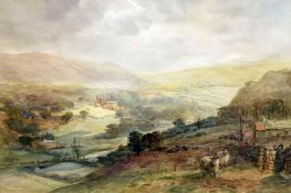 ARTHUR MILES watercolour - Monmouthshire landscape with sheep and farm-gate, entitled verso 'Distant