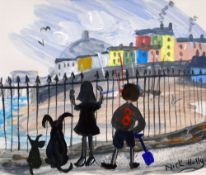 NICK HOLLY acrylic - two children and dogs at a Tenby railing, signed, 12 x 14cms