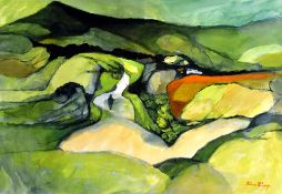 JOHN ELWYN watercolour - figure on a winding road in a rolling landscape of fields, entitled verso