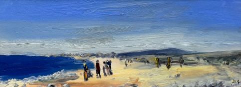 DAVID LLOYD GRIFFITH oil on card - North Wales beach scene with figures, entitled 'Pensarn',