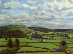 HYWEL HARRIES oil on board - expansive landscape in Ceredigion with houses and farms, entitled '