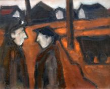 MIKE JONES oil on board - two figures in discussion, houses beyond, entitled verso 'Mornings!',