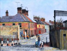 CHRISTOPHER HALL oil on board - urban street scene with canoodling couple, graffiti and group of