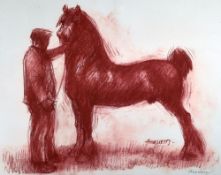 ANEURIN JONES colour print - Welsh cob horse and handler, signed, 42 x 51cms