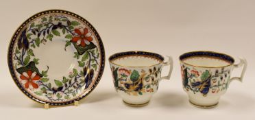 ATTRRIBUTED TO SWANSEA PORCELAIN - two cups and single matching saucer in blue Imari style