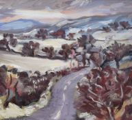 DAVID LLOYD GRIFFITH oil on card - winding road through North Wales landscape entitled verso 'Snow