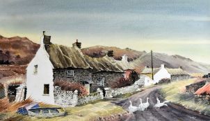 ALUN DAVIES watercolour - row of old stone cottages, Abereiddy, Pembrokeshire, signed and dated