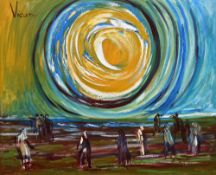 ANDREW VICARI oil on canvas - figures under a large sun, entitled verso 'Les Veilleurs des