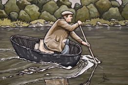 ALAN WILLIAMS acrylic on board - figure paddling on a river, entitled 'Coracle Man', signed, 43 x