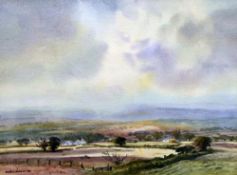 ARTHUR MILES watercolour - farming landscape with buildings, entitled 'Carmarthenshire', signed