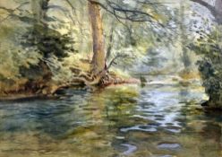 ARTHUR MILES watercolour - river and woodland in Glamorgan Vale, entitled verso 'Ely River at