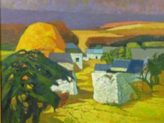 JOHN ELWYN oil on canvas - rolling landscape with whitewashed buildings and haystack, entitled verso