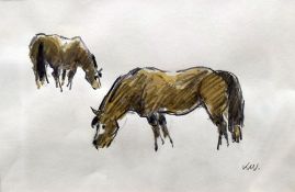 SIR KYFFIN WILLIAMS RA watercolour and pencil - study of two standing ponies, signed with