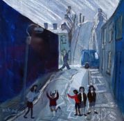 NICK HOLLY mixed media - street scene with five children and a figure walking entitled 'Skipping