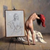 HARRY HOLLAND oil on board - nude drying hair beside artist's large canvas, signed, 33 x 35cms