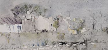 JOHN KNAPP FISHER watercolour - row of houses on a lane with trees and telegraph poles, entitled