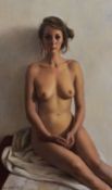 HARRY HOLLAND oil on board - seated nude with hands clasped, signed, 52 x 33cms