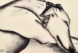 KAREN HILLIARD charcoal - study of a sleeping greyhound, signed and dated 2000, 20 x 29cms