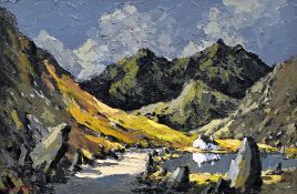 CHARLES WYATT WARREN oil on board - whitewashed cottage and mountains entitled verso 'Snowdon from