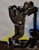 JOSEF HERMAN watercolour - figure leaning on shovel, entitled 'Miner Resting', 25 x 19cms