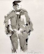 MIKE JONES pen and wash - portrait of standing farmer in cap with stick, signed and dated 1998, 30 x
